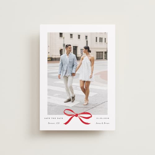 This is a crimson petite save the dates with standard by Olivia Kanaley Inman called crimson bow printing on recycled smooth signature in petite