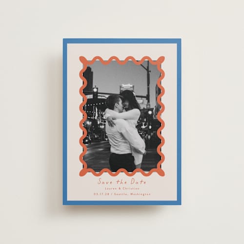 This is a papaya petite save the dates with standard by Blustery August called party squiggle printing on recycled smooth signature in petite