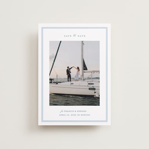 This is a ocean petite save the dates with standard by Carolyn MacLaren called boathouse printing on recycled smooth signature in petite