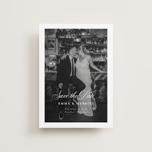 This is a ivory petite save the dates with standard by Benita Crandall called the classic printing on recycled smooth signature in petite