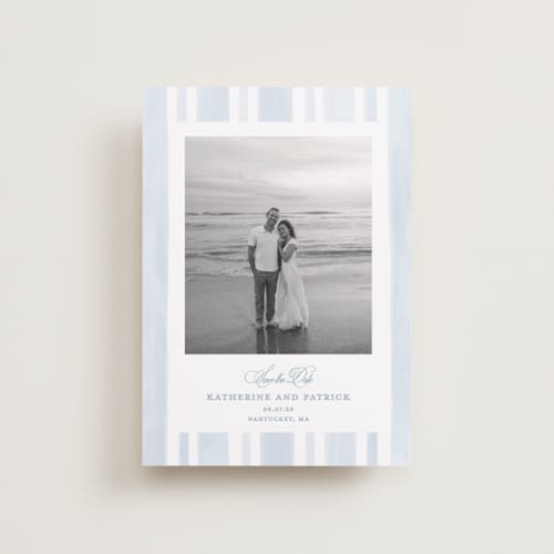 This is a ocean petite save the dates with standard by Creo Study called coastal crest printing on recycled smooth signature in petite