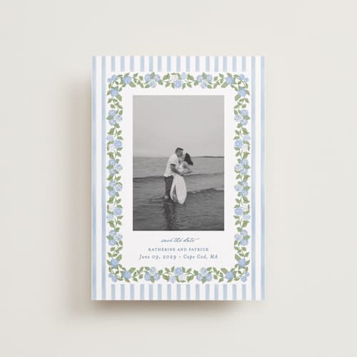 This is a ocean petite save the dates with standard by Creo Study called pillowy border printing on recycled smooth signature in petite