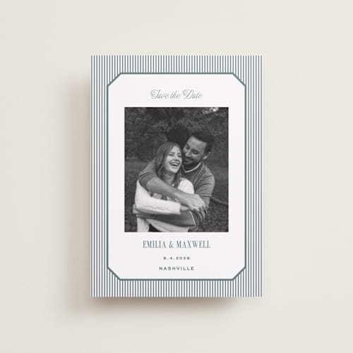 This is a capri petite save the dates with standard by Emily Betts called modern stripes printing on recycled smooth signature in petite