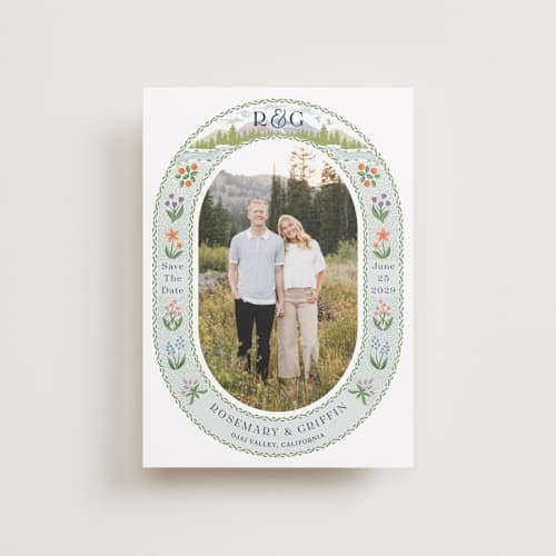 This is a pine petite save the dates with standard by Paper Sun Studio called river valley printing on recycled smooth signature in petite