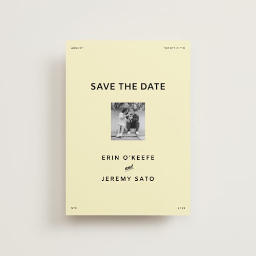 This is a butter petite save the dates with standard by Studio Suku called courthouse printing on recycled smooth signature in petite