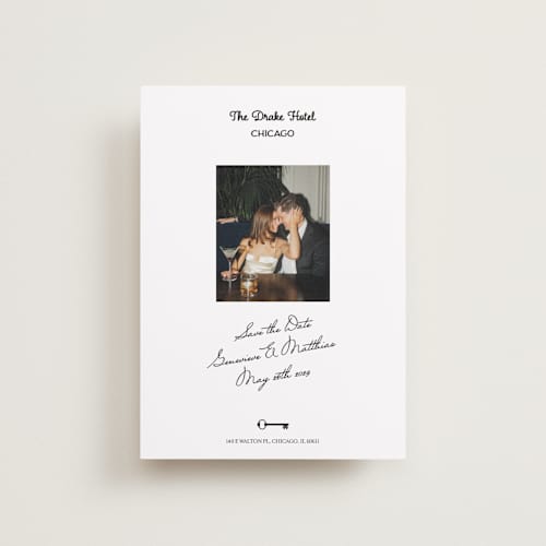 This is a ivory petite save the dates with standard by Studio Suku called hotel printing on recycled smooth signature in petite