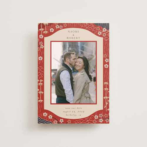 This is a rose petite save the dates with standard by Jennifer Holbrook called japanese textile printing on recycled smooth signature in petite