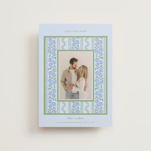 This is a coastal petite save the dates with standard by Madhvi Samimi called hydrangea vines printing on recycled smooth signature in petite