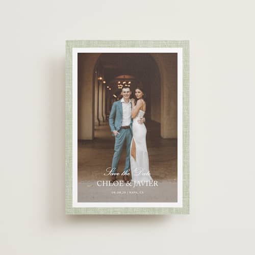 This is a garden petite save the dates with standard by Kelly Schmidt called summer linen printing on recycled smooth signature in petite