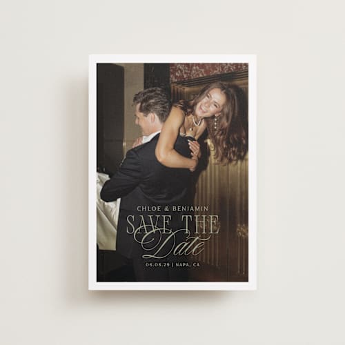 This is a moss petite save the dates with standard by Kelly Schmidt called woods printing on recycled smooth signature in petite
