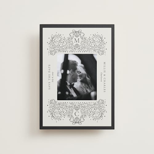 This is a latte petite save the dates with standard by Jackie Crawford called ornate sketched frame printing on recycled smooth signature in petite