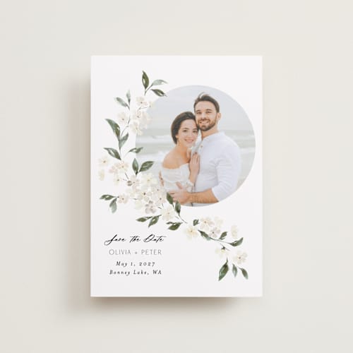 This is a porcelain petite save the dates with standard by Itsy Belle Studio called sweeping vine printing on recycled smooth signature in petite
