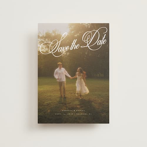 This is a porcelain petite save the dates with standard by Orasie called vintage elegant printing on recycled smooth signature in petite