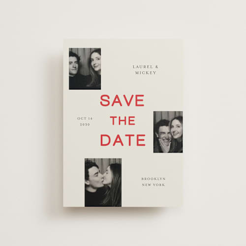 This is a poppy petite save the dates with standard by Studio Suku called little snapshots printing on recycled smooth signature in petite