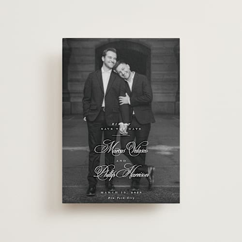 This is a newspaper petite save the dates with standard by Lea Delaveris called grand printing on recycled smooth signature in petite