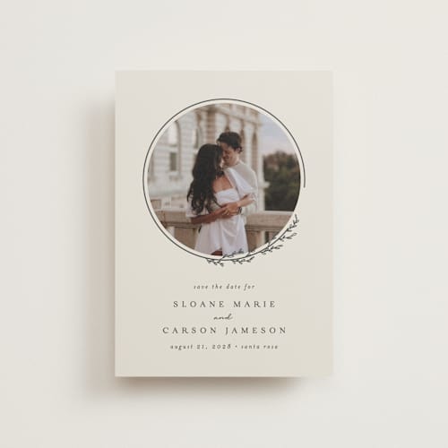 This is a almond petite save the dates with standard by Brianne Larsen called branched printing on recycled smooth signature in petite