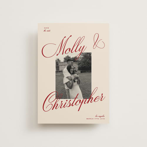 This is a burgundy petite save the dates with standard by Ellen Schlegelmilch called vintage cinema printing on recycled smooth signature in petite