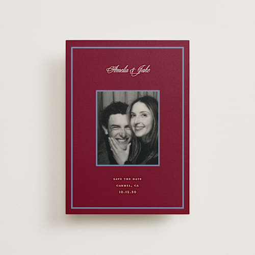 This is a cardinal petite save the dates with standard by Laura Vuletic called orion printing on recycled smooth signature in petite
