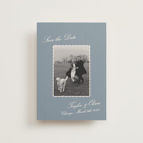 This is a ocean petite save the dates with standard by Kristie Kern called a vintage vibe printing on recycled smooth signature in petite