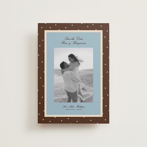 This is a coffee petite save the dates with standard by Ellen Schlegelmilch called festive polka printing on recycled smooth signature in petite