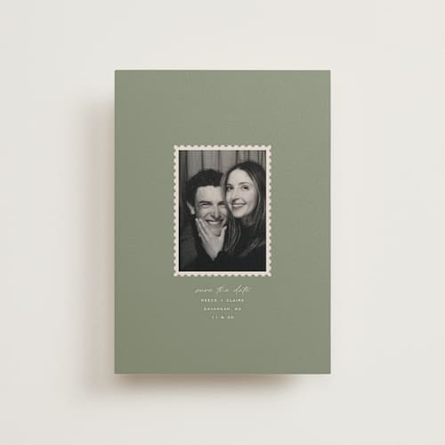 This is a sage petite save the dates with standard by Sierra Lee called post printing on recycled smooth signature in petite
