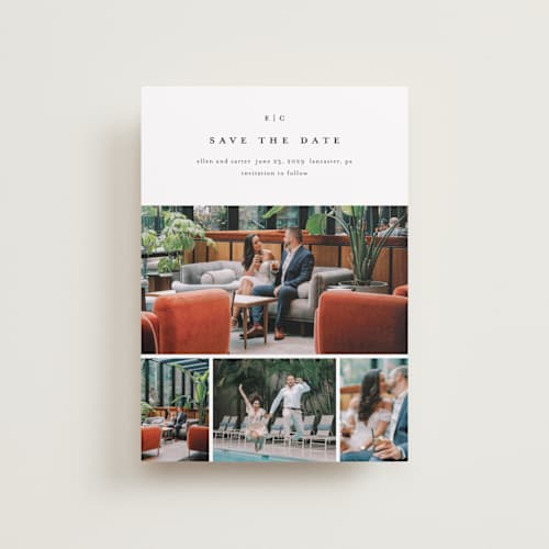 This is a cotton petite save the dates with standard by Stacey Meacham called minimal grid printing on recycled smooth signature in petite