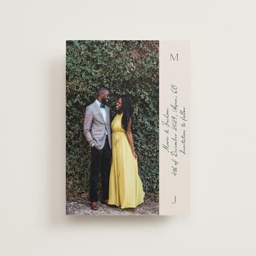 This is a ivory petite save the dates with standard by Petra Kern called simple scripty printing on recycled smooth signature in petite