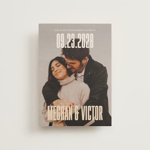 This is a honey petite save the dates with standard by letterfix called ensemble printing on recycled smooth signature in petite