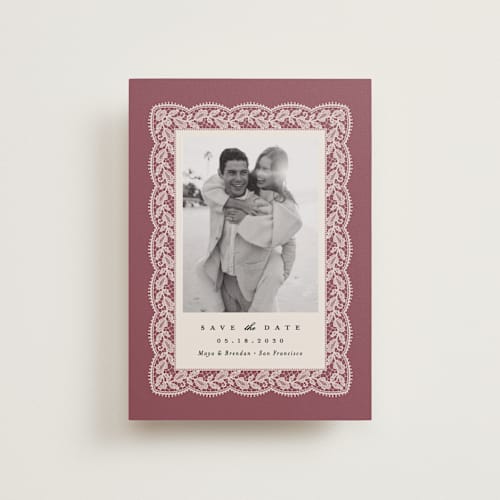 This is a mauve petite save the dates with standard by Erica Krystek called chantilly printing on recycled smooth signature in petite