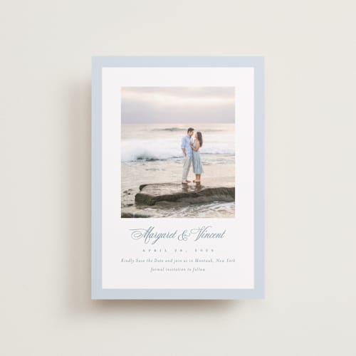 This is a dusty blue petite save the dates with standard by Jennifer Postorino called coastal charm printing on recycled smooth signature in petite