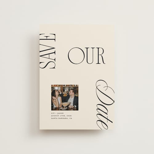 This is a buttercream petite save the dates with standard by Olivia Goree called true romance printing on recycled smooth signature in petite