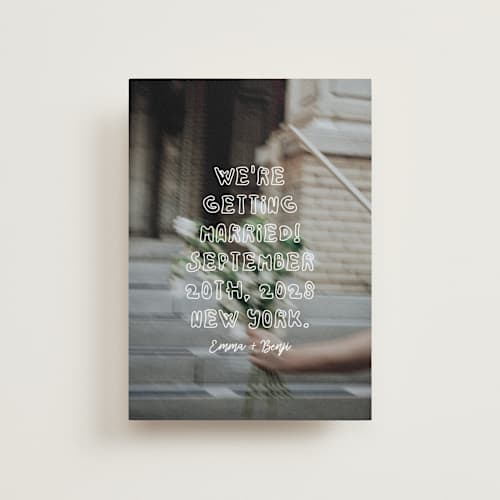 This is a vanilla petite save the dates with standard by Helena Vitto called cool kids printing on recycled smooth signature in petite