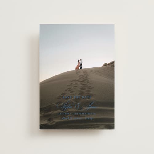 This is a blue mist petite save the dates with standard by Design Lotus called amalfi blue printing on recycled smooth signature in petite