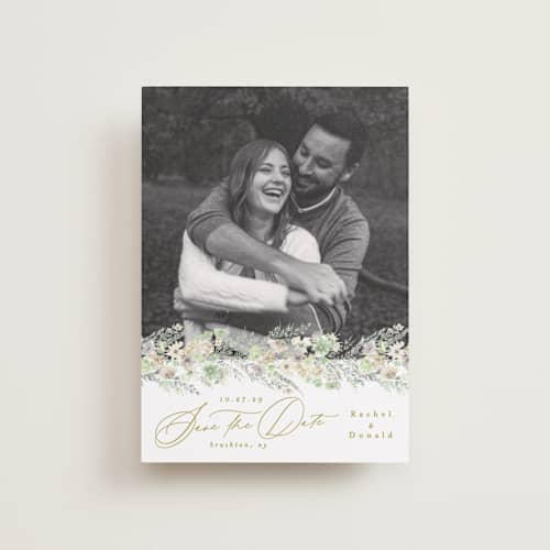 This is a greenery petite save the dates with standard by Phrosné Barwood called floral arch printing on recycled smooth signature in petite