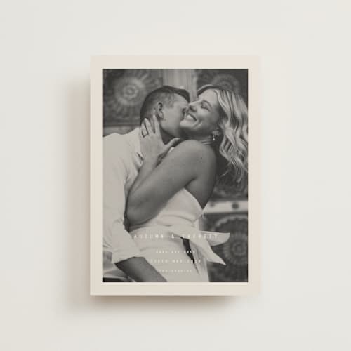 This is a vanilla petite save the dates with standard by Blustery August called nonnette printing on recycled smooth signature in petite