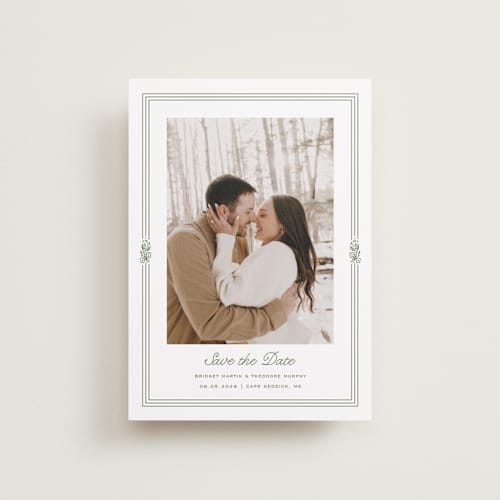 This is a leaf petite save the dates with standard by Kate Ahn called court printing on recycled smooth signature in petite