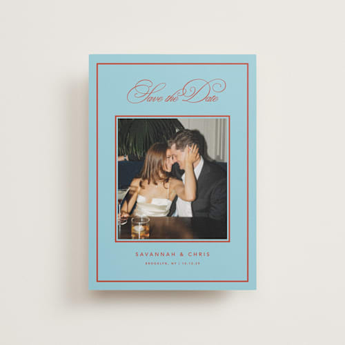 This is a sky petite save the dates with standard by Kelly Watkins called vivid printing on recycled smooth signature in petite