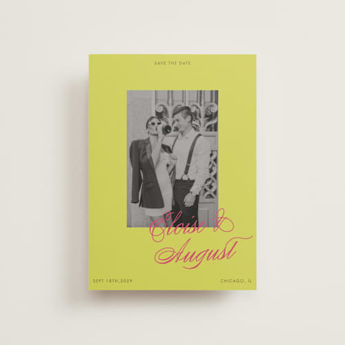This is a flamingo petite save the dates with standard by Morgan Kendall called maximalist poppies printing on recycled smooth signature in petite