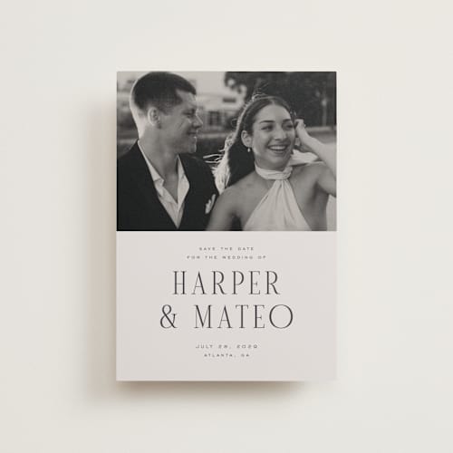 This is a sandstone petite save the dates with standard by Nicole Walsh called close-up printing on recycled smooth signature in petite