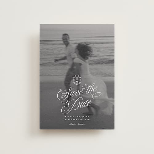 This is a ivory petite save the dates with standard by Paper Raven Co. called vintage romance printing on recycled smooth signature in petite