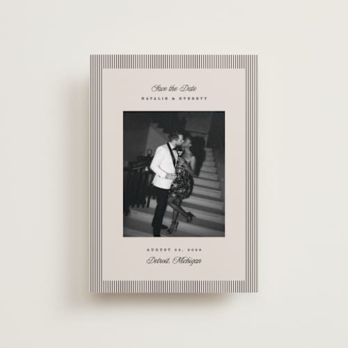 This is a noir petite save the dates with standard by Pixel and Hank called linea printing on recycled smooth signature in petite