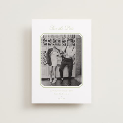 This is a mint petite save the dates with standard by Sara Hicks Malone called montgomery printing on recycled smooth signature in petite