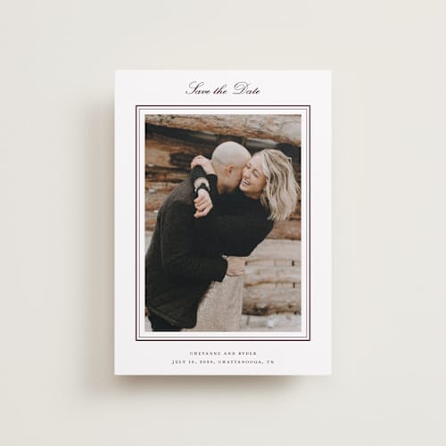 This is a burgundy petite save the dates with standard by Stacey Meacham called engraved names printing on recycled smooth signature in petite