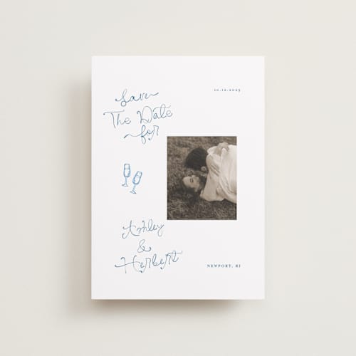 This is a cerulean petite save the dates with standard by Tamara Hilje called positano printing on recycled smooth signature in petite