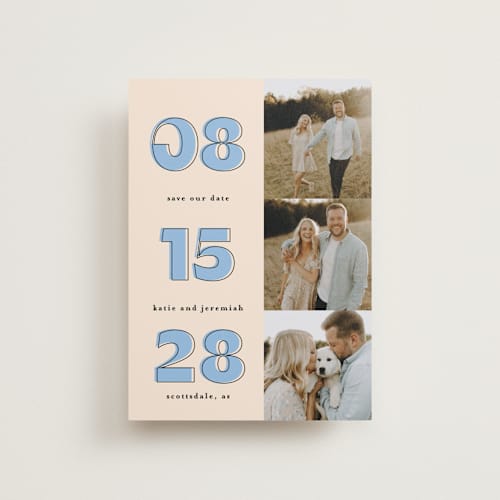 This is a dusty blue petite save the dates with standard by Leah Ragain called outlined date printing on recycled smooth signature in petite