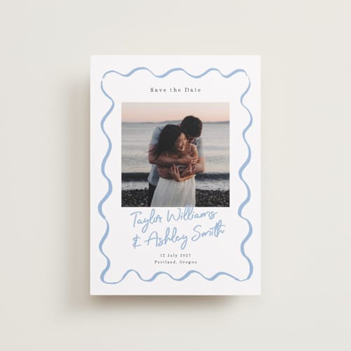 This is a dusty blue petite save the dates with standard by Cass Loh called handdrawn wavy frame printing on recycled smooth signature in petite