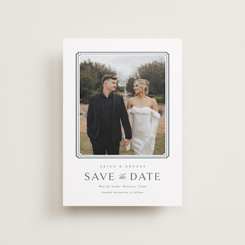 This is a french blue petite save the dates with standard by Jennifer Postorino called ariah printing on recycled smooth signature in petite