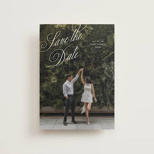 This is a pearl petite save the dates with standard by Pixel and Hank called enamored printing on recycled smooth signature in petite