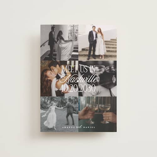 This is a chiffon petite save the dates with standard by Maria Alou called modern collage printing on recycled smooth signature in petite