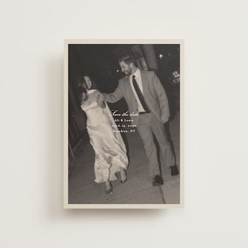 This is a cream petite save the dates with standard by Ellen Schlegelmilch called louie printing on recycled smooth signature in petite
